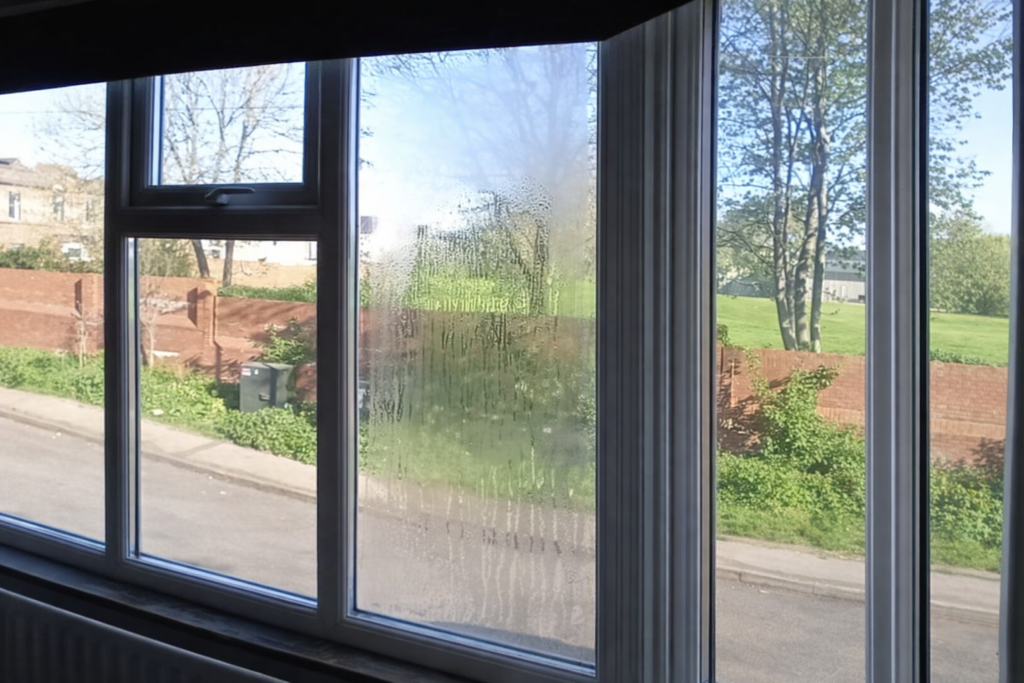 Condensation between double glazed window panes showing failed window seal