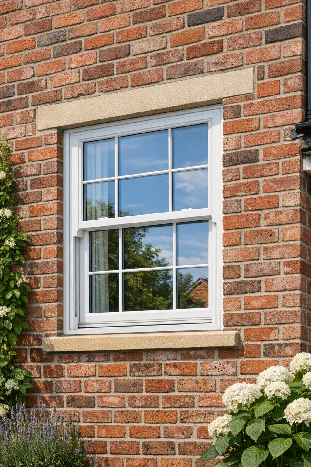 White uPVC sliding sash window installed in a traditional red brick Yorkshire home, surrounded by greenery and flowers, showing smooth vertical operation and classic design