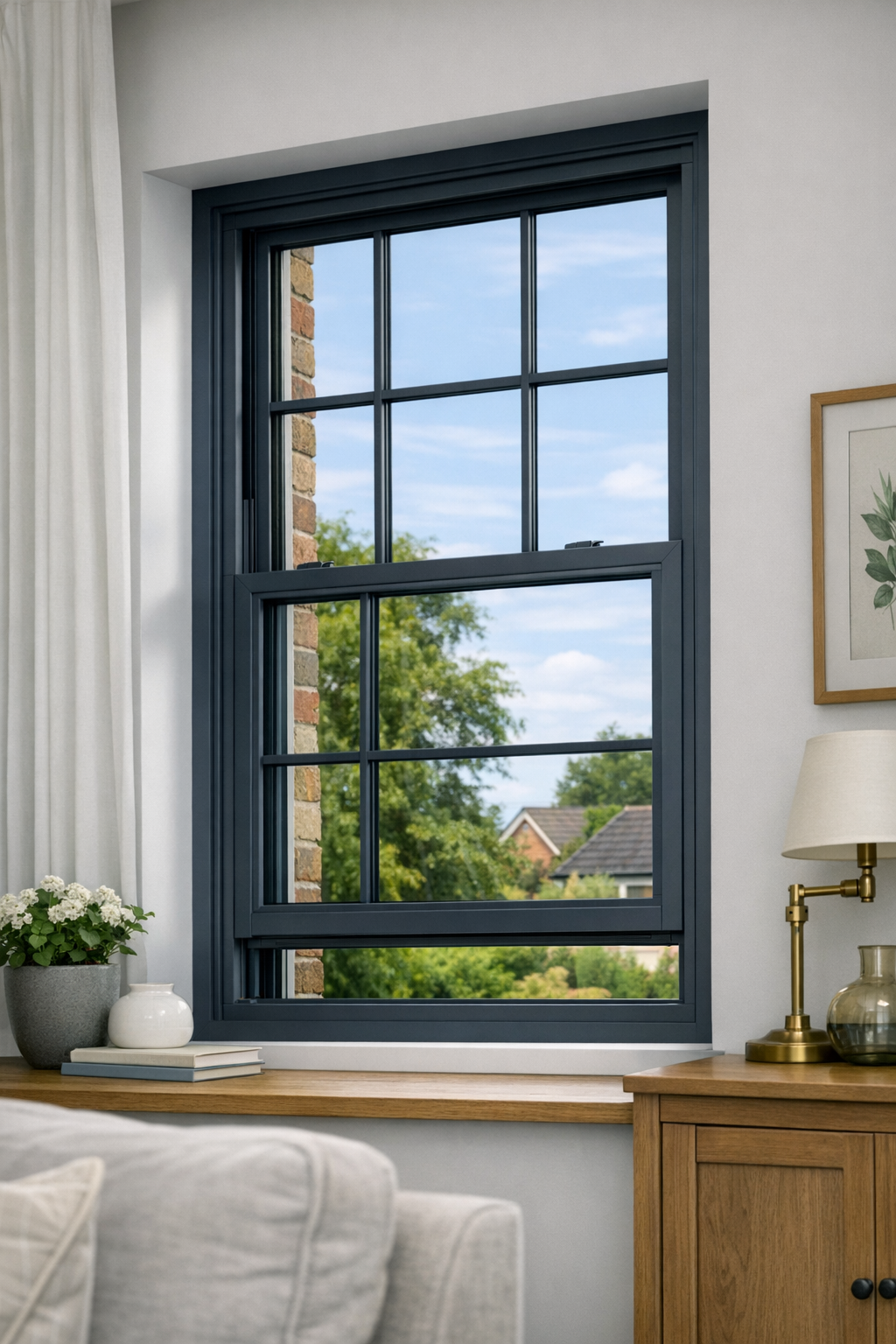 Anthracite grey aluminium sliding sash window in a bright modern interior