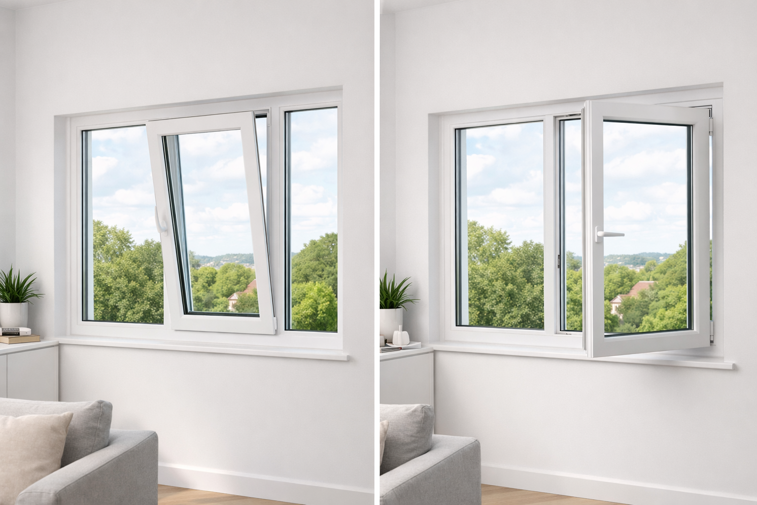 Tilt and turn window in a bright white modern interior — left image shows the sash tilted inward for ventilation, right image shows the same window fully open inward, framed in white uPVC with a view of green trees outside.