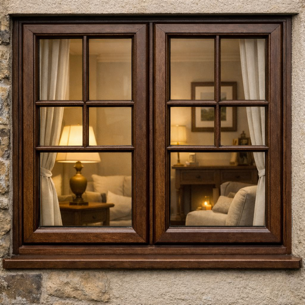 “Exterior view of a timber-look flush sash window with dark brown frame, showing a warm classic interior with cream curtains, soft lighting, and neutral furnishings inside a Yorkshire home