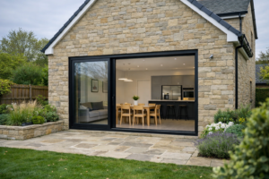 Modern stone‑clad detached house with a large black aluminium lift‑and‑slide patio door opening onto a stone patio surrounded by landscaped plants and a green garden lawn.