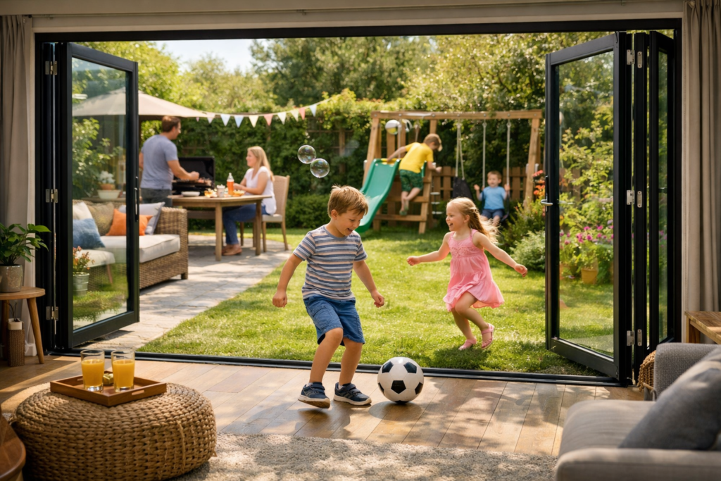 Modern home with open black aluminium bifold doors connecting a bright living room to a sunny garden. Children play on the lawn — one kicks a football, another chases bubbles — while parents relax on the patio near a barbecue. The scene captures a joyful summer family moment with seamless indoor-outdoor living.