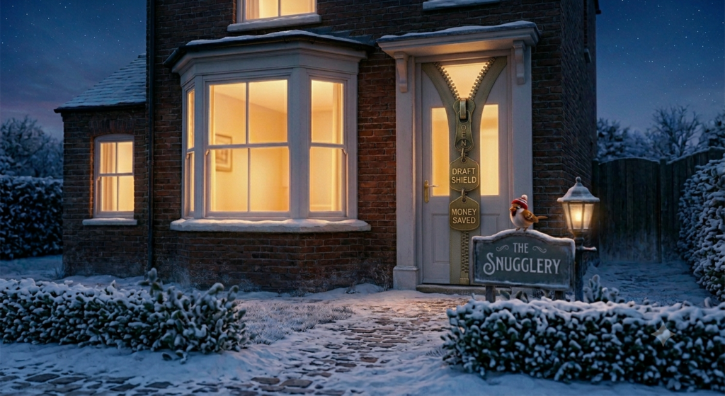 A snow‑covered brick house at night with warm yellow light glowing from the windows, highlighting the contrast between the cold winter exterior and the heat kept inside. A whimsical zipper graphic on the front door reads “Open,” “Draft Shield,” and “Money Saved,” symbolising insulation and reduced heat loss. A small sign labeled “The Snuggery” sits beside the door with a bird in a red hat perched on top. The scene visually reinforces how proper insulation—such as uPVC energy‑efficient windows—helps retain warmth and lower heating bills during rising energy‑price winters.