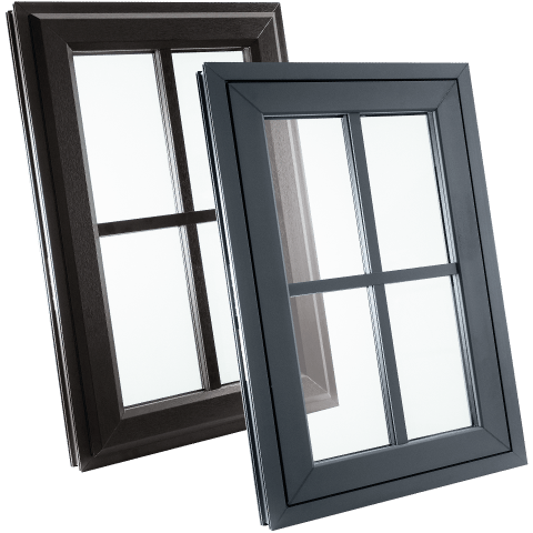 Modern uPVC window frames in dark brown and dark grey with four‑pane glazing design.