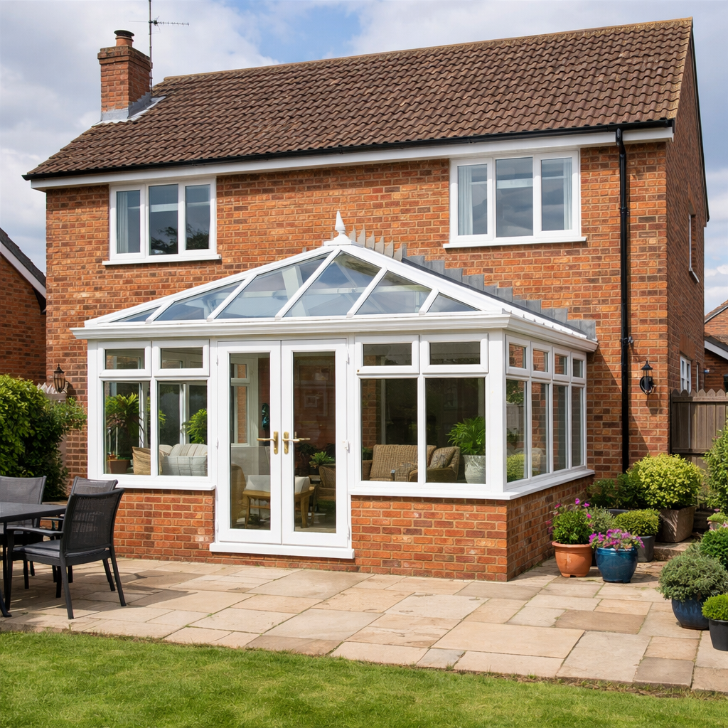 Detached brick house in York with a white uPVC conservatory at the rear, featuring glass roof panels, French doors, and a landscaped garden patio