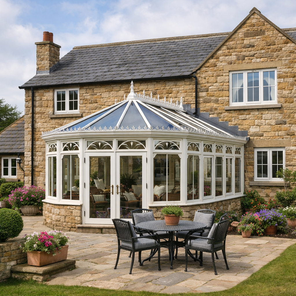 Detached stone house with a Victorian‑style conservatory featuring a multi‑faceted glass roof, ornate white finials, and matching stone base surrounded by a landscaped garden with patio furniture and flowering plants.”