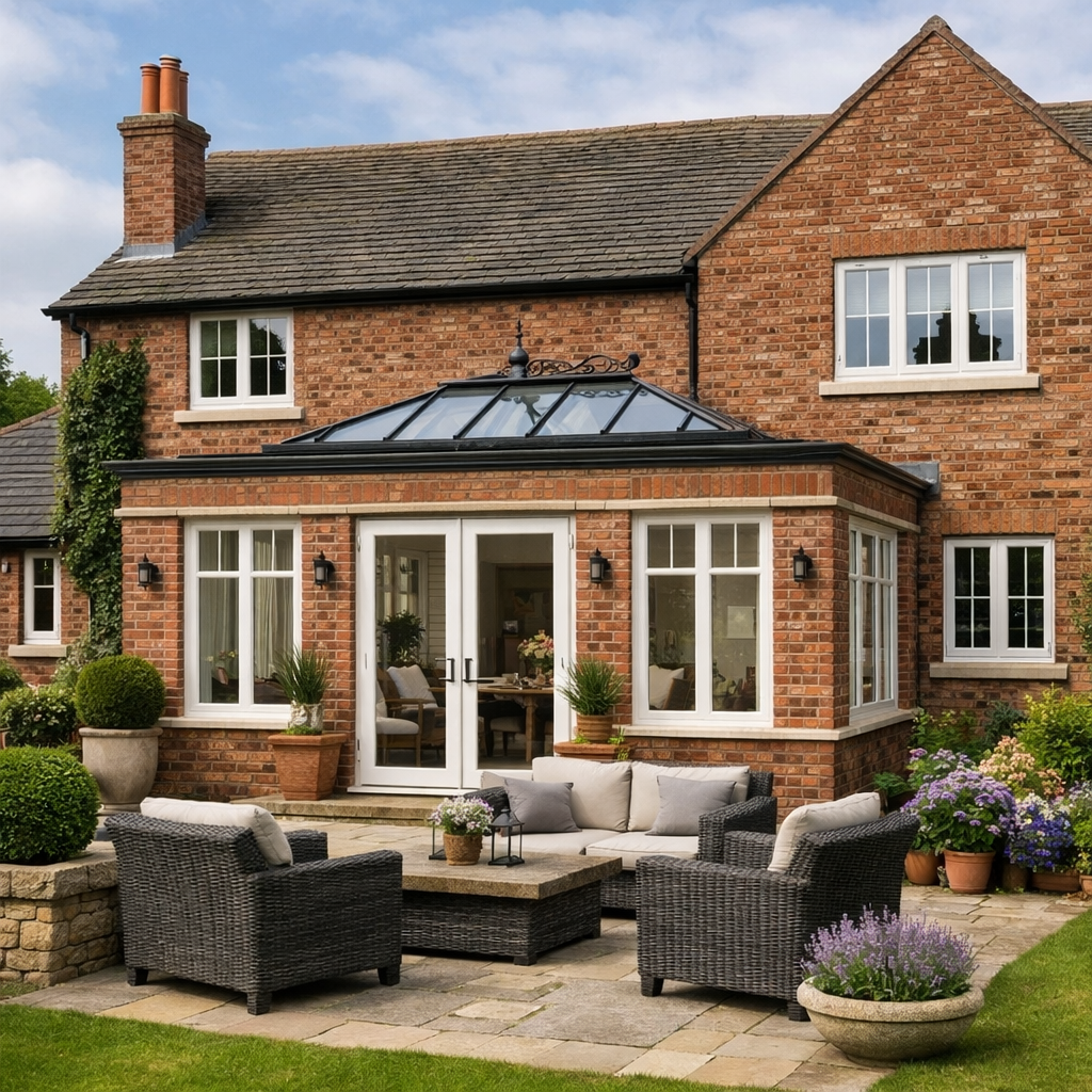 Traditional red brick house with a white‑framed orangery extension featuring a flat roof and central glass lantern, French doors opening onto a stone patio with rattan furniture and landscaped garden