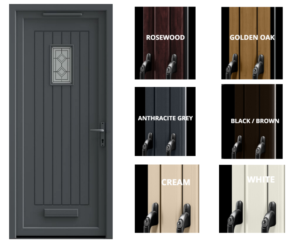 Composite front door in anthracite grey with decorative glass panel and colour options including rosewood, golden oak, black brown, cream and white