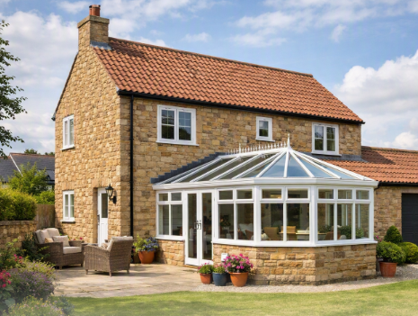 Traditional detached Yorkshire stone house with a white uPVC conservatory, surrounded by a green garden and colourful flowers under a partly cloudy sky.