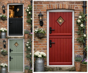 Three stable doors displayed side by side against traditional brick walls. The top left door is black, the bottom left is Charwell Green, and the right door is red. Each door features a diamond-shaped glass window, black hardware, and decorative plants with lanterns beside them, showcasing different colour options for cottage-style entrances