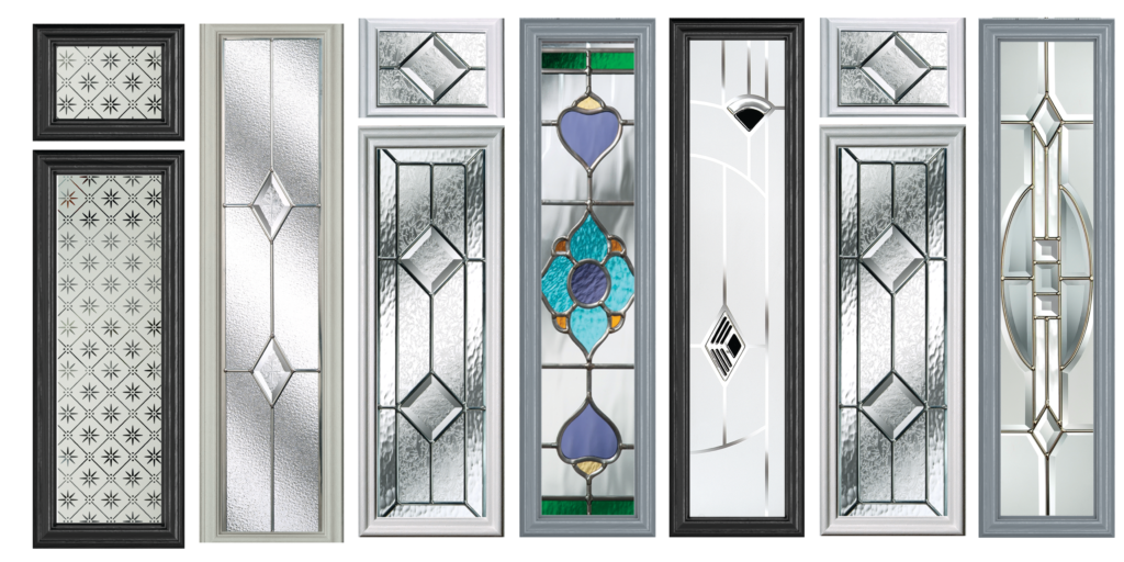 A row of eight decorative glass panels, each with a different design and frame. The panels feature geometric patterns, frosted textures, diamond-shaped bevels, and stained‑glass accents in blue, green, and purple. Frames vary in colour, including black, white, grey, and beige, showcasing a range of styles used for doors or windows.
