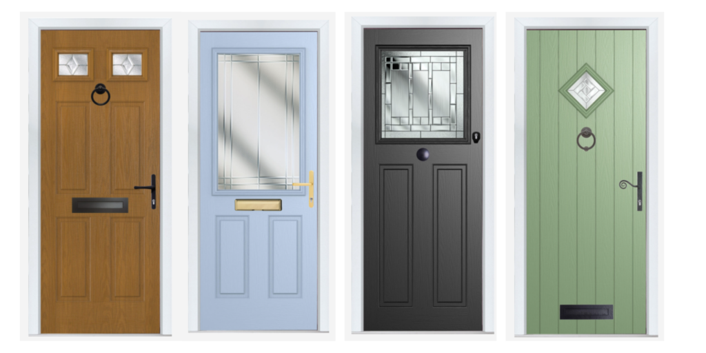 A row of four composite front doors in different colours and styles, featuring various glazing designs, hardware options and decorative finishes