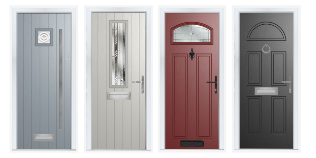 Four composite front doors in different colours and styles, featuring various glazing designs, panel layouts and hardware options including handles, knockers and letterplates