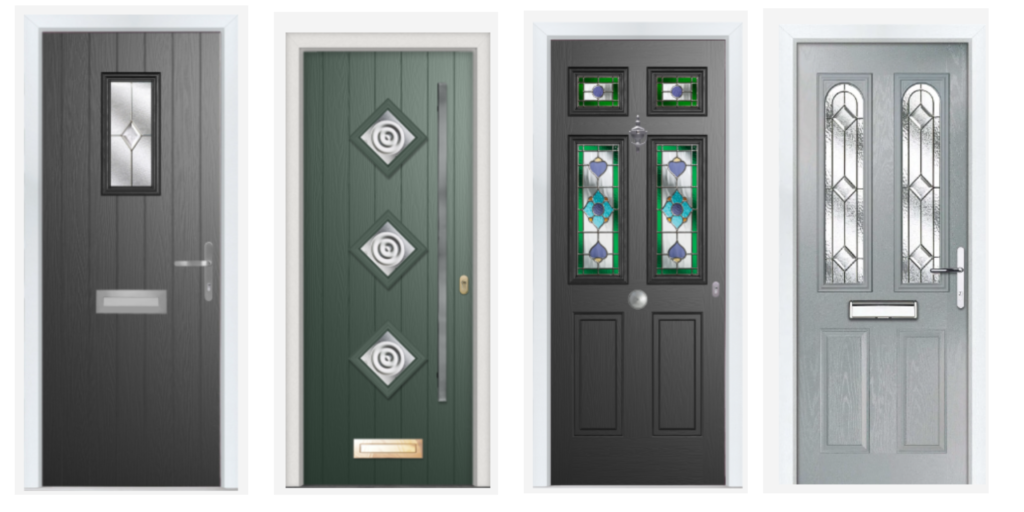 Selection of modern and traditional composite front doors with patterned glazing and premium hardware.