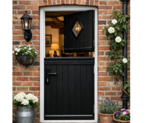 Black stable door on a traditional red brick Yorkshire cottage. The top half of the door is open inward, revealing a warm, rustic interior with wooden beams and a glowing lamp. White flowers and climbing roses frame the doorway, creating a welcoming, homely look.