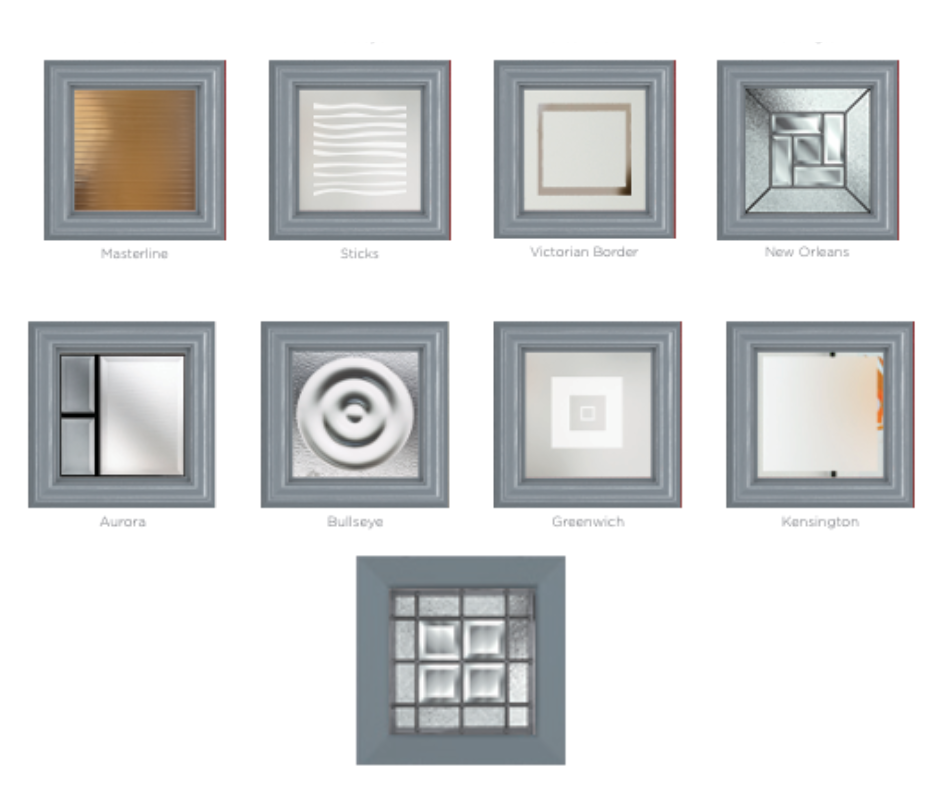 Decorative glazing designs for replacement glass, composite doors and windows featuring Masterline, Victorian Border, New Orleans, Aurora, Bullseye, Greenwich and Kensington glass styles.
