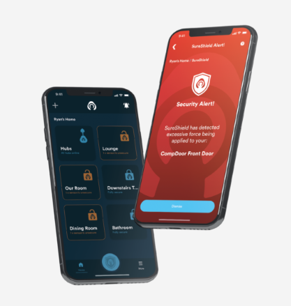 Smartphone app displaying composite door security status and real-time security alerts, with live lock monitoring and smart home notifications through Kubu technology.