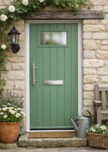 Chartwell green composite cottage door with vertical panels, frosted glass window, brushed steel handle and letterbox, set in a stone wall with climbing roses and garden plants.