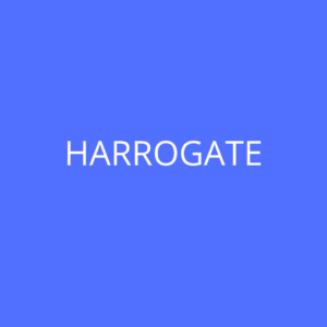 Blue box with the word Harrogate